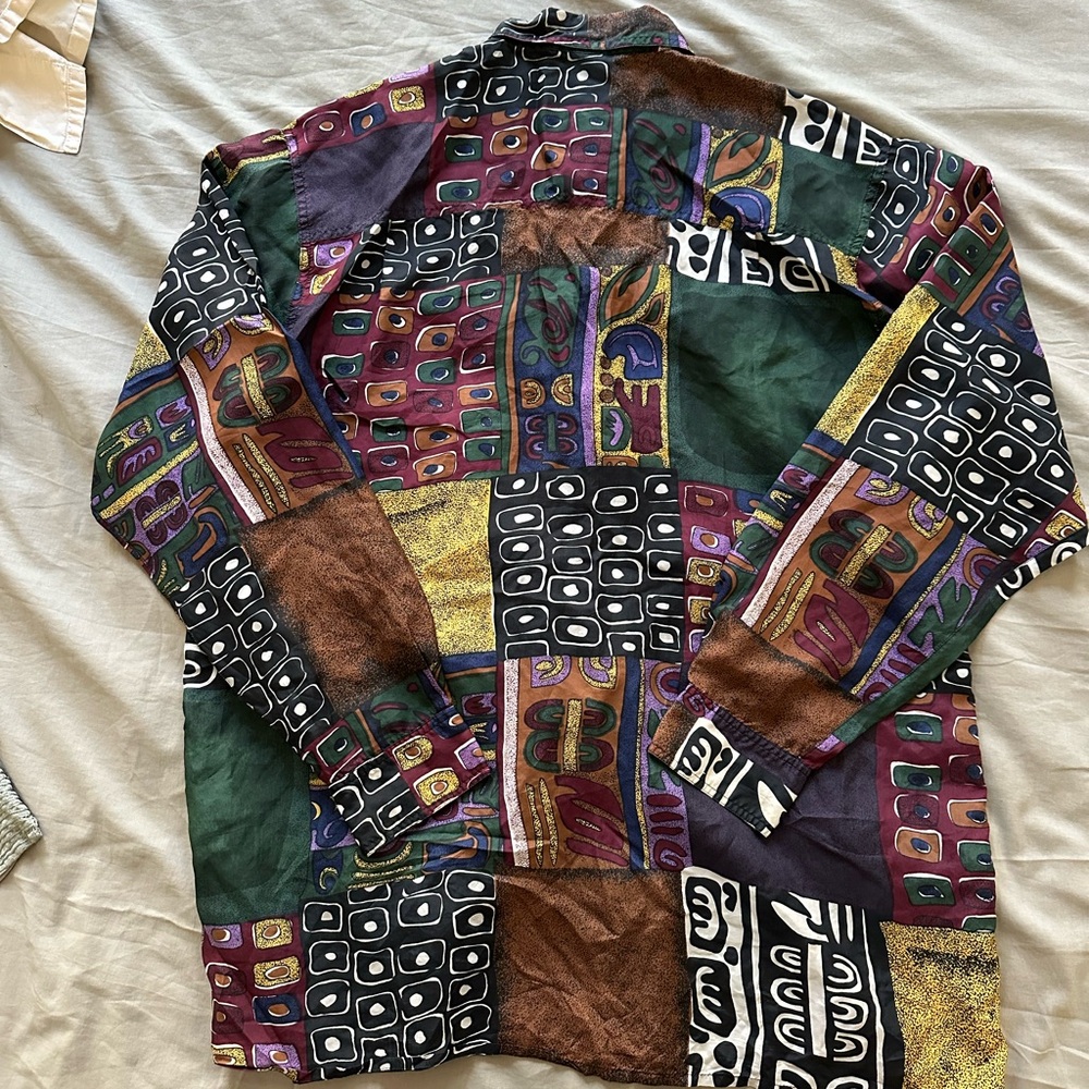 Colorful Patchwork Button Down Silk Shirt - image 2